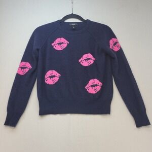 Aqua Cashmere Sweater Womens Small Navy Blue Pink Lips Intarsia Crewneck